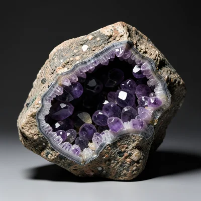 Geode cross-section, amethyst crystals inside rough stone exterior, studio light