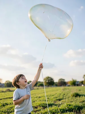 Child releasing helium balloon, the moment before loss, string still taut