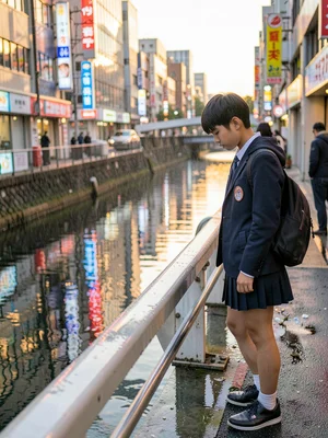 Teenager in school uniform paused on pedestrian bridge, looking down at river, c