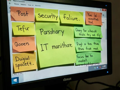 Password written on sticky note on monitor, the security failure, IT nightmare