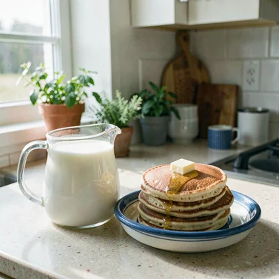 Fresh Alpine atmosphere, gentle pastoral quality, Fresh milk in ceramic pitcher 