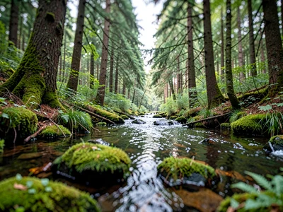 Forest stream from near moss to far trees