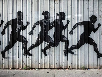 Series of identical running figures across a corrugated metal facade, slightly o