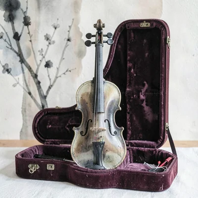 Vertical pen-ink of a violin standing upright in a velvet-lined case