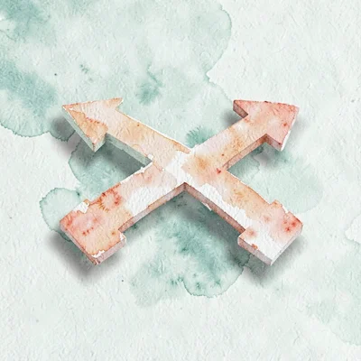 geometric crossroads shape with three diverging coral arrows on a soft mint-gree