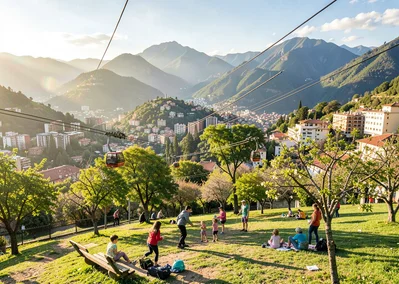 Eternal spring light over transforming Medellín, community park with children pl