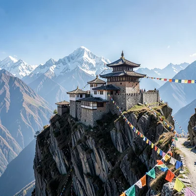 High altitude clarity of Kathmandu, Nepal, Buddhist monastery perched on cliff, 