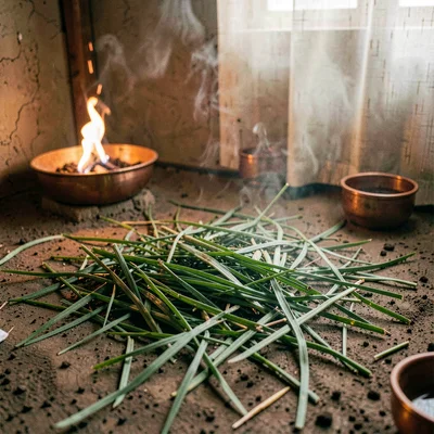 Intimate warm-toned photograph, Bunna grass freshly laid on floor for coffee cer