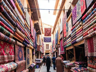 A Marrakech fabric souk, bolts of cloth stacked ceiling high, patterns clashing
