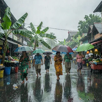 Monsoon season photograph, heavy rain atmosphere, Banana leaves used as makeshif