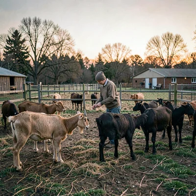 distant figure feeding goats in a petting yard at dusk