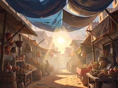 Rooftop bazaar in a desert city, single sunrise beam through dust haze, warm san