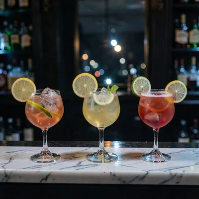 Nocturnal scene of three different cocktails lined on a marble bar, citrus garni