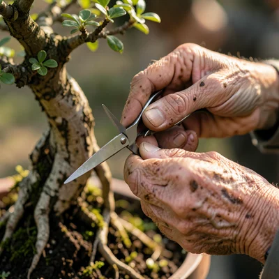 Hands with age spots tending a bonsai tree, tiny scissors making precise cuts, d