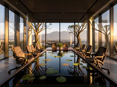 Corporate boardroom where the table is a calm reflecting pool with lily pads, ch