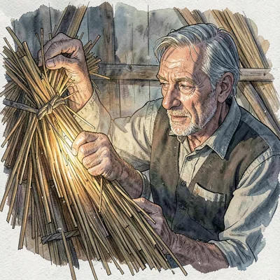 A focused Welsh thatcher in his fifties twisting hazel sways into a roof, lamp c