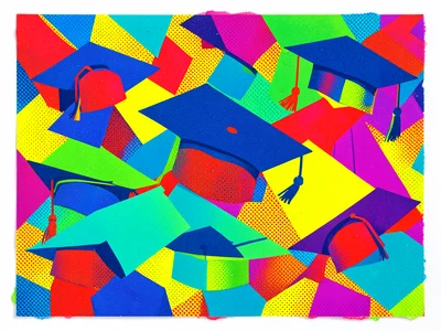 Memphis-style graduation party design, caps and diplomas in dayglo colors