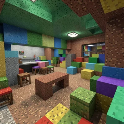 Voxel 3D illustration, cube-based cafe interior , cubic voxel construction, bloc