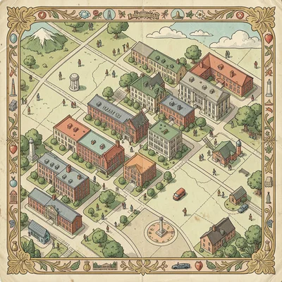 Illustrated map illustration, College campus with buildings and landmarks , pict