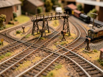 A model railroad switchyard: multiple tracks converging, tiny switch stands, a s