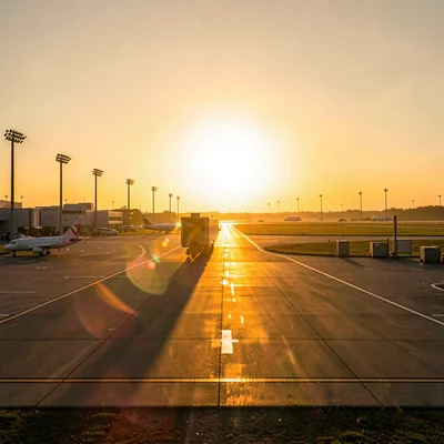 Airport runway lights beginning to glow as golden hour fades