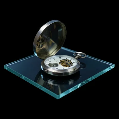 An open vintage pocket watch placed on the scanner glass, gears visible through 