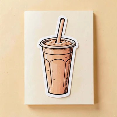 Sticker-pack design of a stylized soda cup with a paper straw, warm peach and in