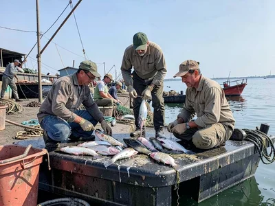 Fishermen sorting catch