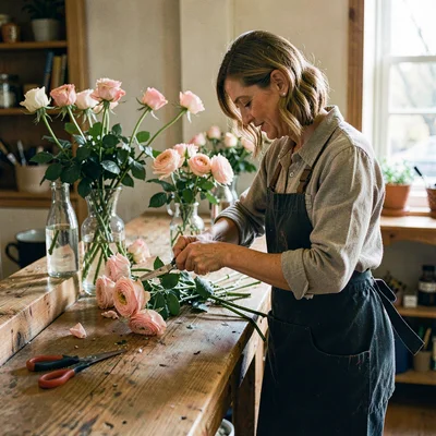 Vertical portrait of a florist conditioning roses at a long wooden bench
