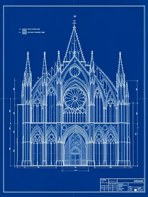 An architectural section through a Gothic cathedral: flying buttresses, nave, cl