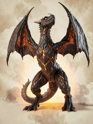 Imperious volcanic-dragon with charred-black hide cracked to reveal molten orang