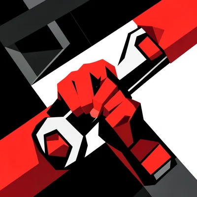 Hands gripping a large wrench, rendered as angular geometry in red and black