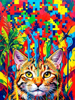Cat portrait with pixel sorting from top, face intact at bottom, melting upward