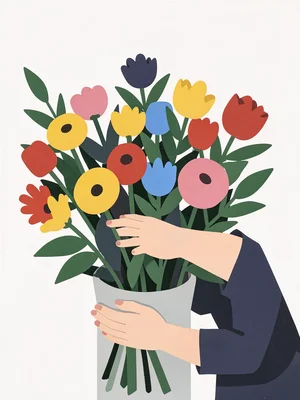 Florist arranging a bouquet, stems and blooms as flat graphic elements