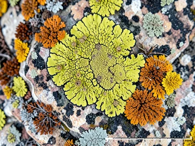 Old World map lichen (Rhizocarpon geographicum) creating yellow-green patches wi