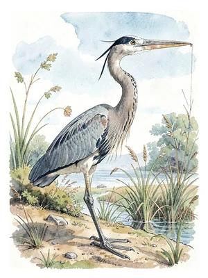 Great blue heron ornithological plate