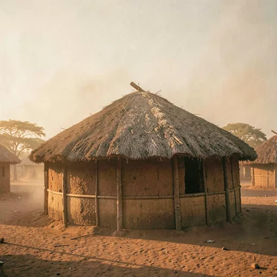 Golden Harmattan dust haze in Bamako, Mali, Traditional Dogon granary with thatc