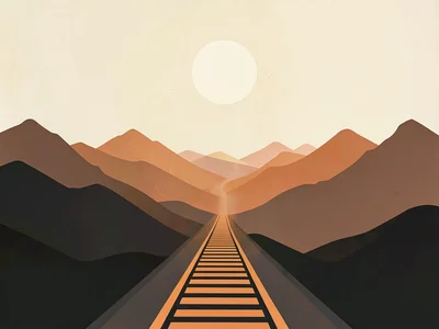Deserted highway vanishes into a copper haze toward charcoal mountains under a s