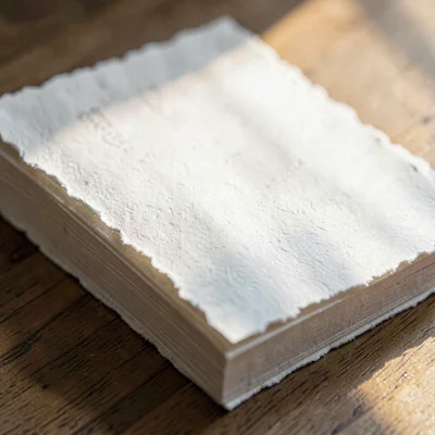 Macro of a stack of cotton-paper invitation cards with deckle edges, raking soft