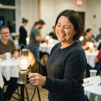 Candid portrait of a smiling participant carrying away a fixed lamp, blurred tab