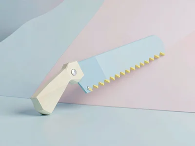 Toothed sky-blue lowpoly handsaw with cream wooden grip and faceted butter-yello