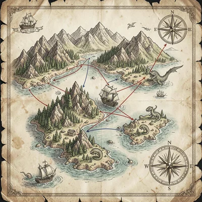 Fantasy map illustration, an island archipelago map with sailing routes, sea mon