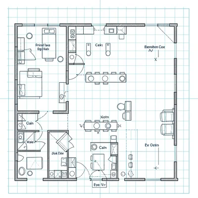 Technical schematic of a hospital ward floor plan drawn in fine ink lines, room