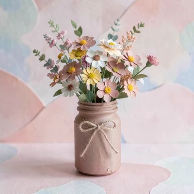 Papercraft of a bouquet of paper wildflowers in a paper jar, dusty rose
