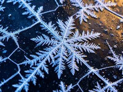 Frozen puddle surface, expansion cracks creating geometric pattern of white line