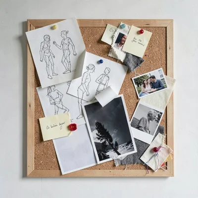 A scattered annotation cork-board with abstract sketches, photo prints, fabric s