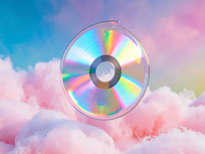 Vinyl-disc shard floating mid-air refracting prismatic light against a cotton-ca