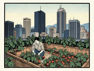 A rooftop garden in the city, a person tending tomatoes, skyscrapers behind rend