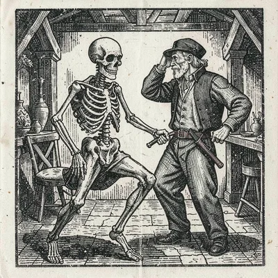 A skeleton dancing with a merchant