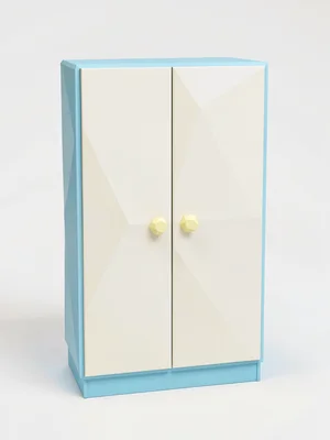 Two-door sky-blue lowpoly wardrobe with cream doors and faceted butter-yellow kn
